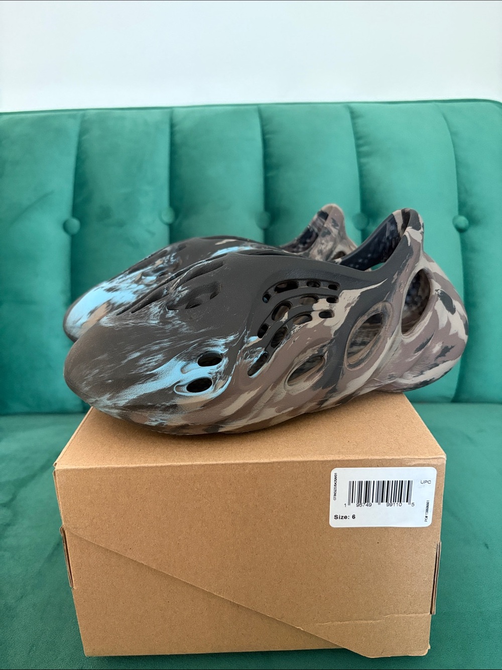 Yeezy Kids Foam Runner in Brown and Blue Camouflage Pattern